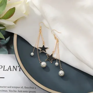 Trendy Tassel Pearl With Black Star Drop Ear Ring